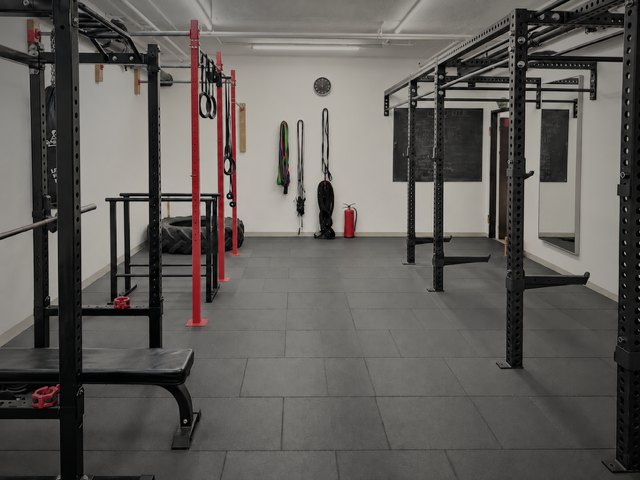Kraftbereich im SF Studio mit Racks, Langhantelbank und Ringen