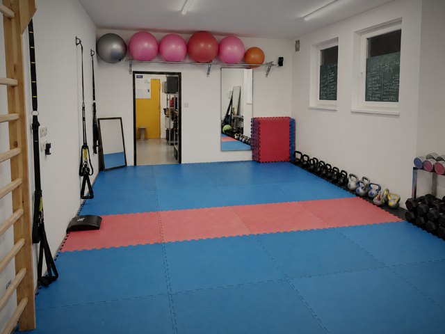 Trainingsfläche im SF Studio mit Matten, Kettlebells und Sprossenwand
